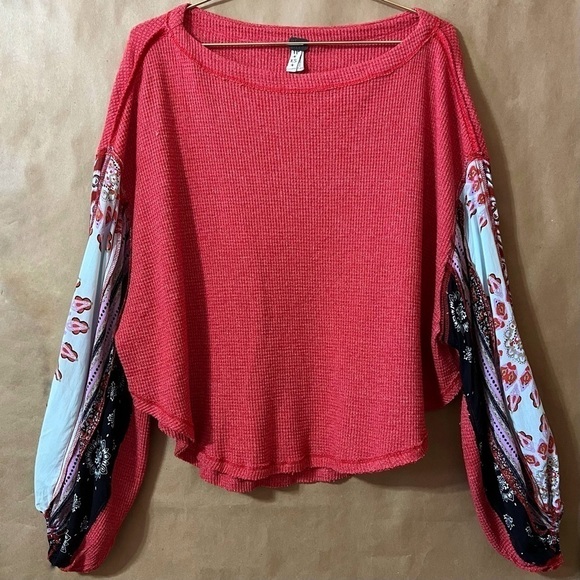 Free People | Blossom Thermal Oversized Popover Top Balloon Sleeves Red Size XS - Picture 1 of 13